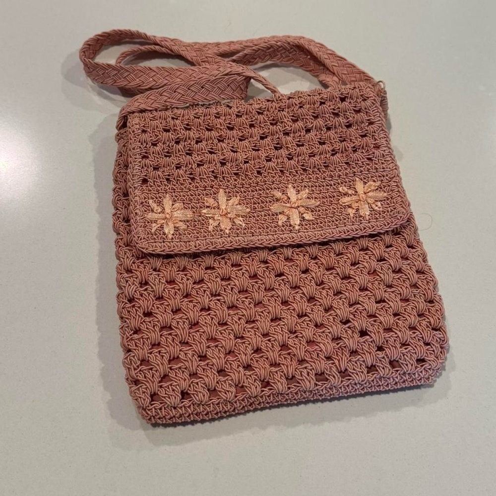 Mauve Crochet Crossbody Bag with Floral Accent